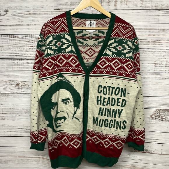 Elf Cotton-Headed Ninny Muggins Christmas Sweater Cardigan XXL - Picture 2 of 7